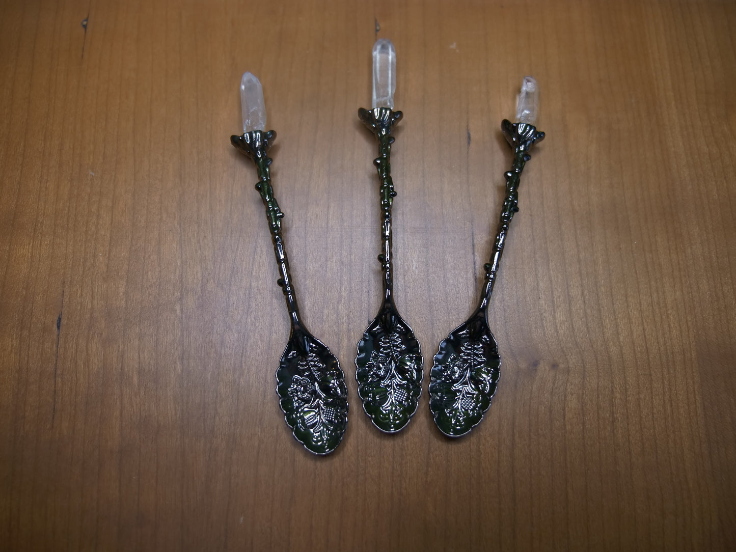 Black Coffee Spoon w Clear Quartz Point