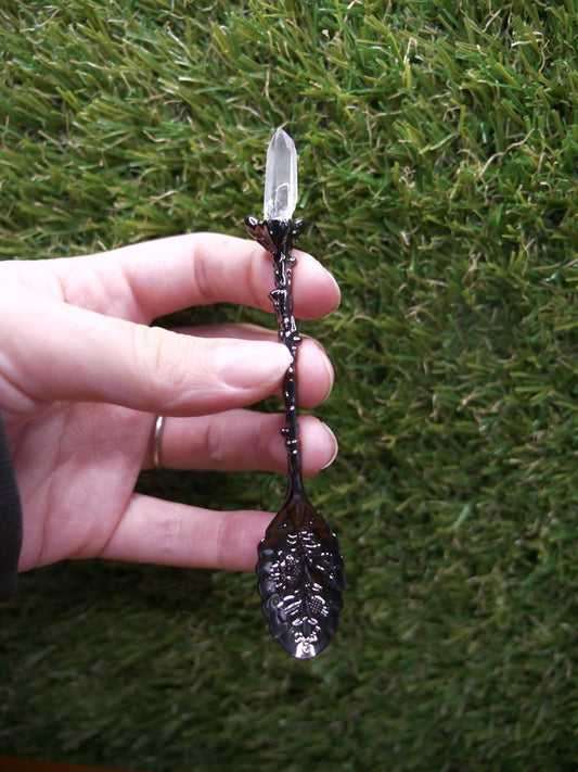 Black Coffee Spoon w Clear Quartz Point